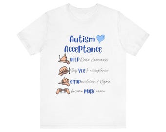 Autismus Akzeptanz T-Shirt | Bewusstsein ASL Hände, blaues Herz, Stop-Stigma