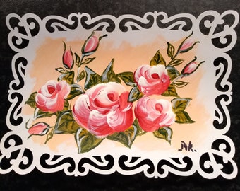 Originele ansichtkaart handgeschilderd met rozen acrylkleuren Mini schilderij