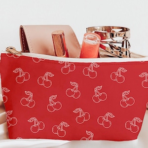 Red Makeup White Cherries Accessory Travel Bag Cherry Themed Travel Accessories Make Up Bag White Toilettry Travel Bag Cherry Tote Bag