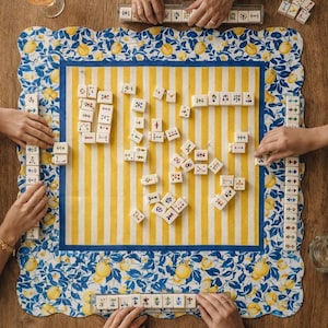 Blue and Yellow Mahj Mat, blue mahjong mat with lemons, yellow and white stripes in the center, yellow mahj mat, mahj mat, mahjong game mat, mother's day gift, yellow and blue