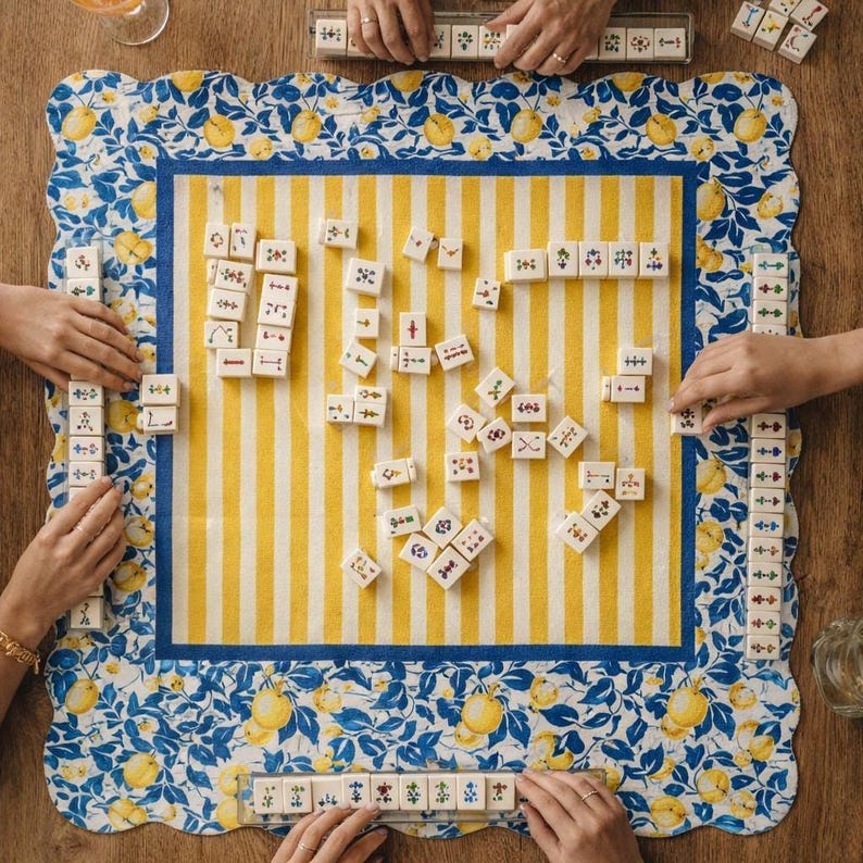 Blue and Yellow Mahj Mat, blue mahjong mat with lemons, yellow and white stripes in the center, yellow mahj mat, mahj mat, mahjong game mat, mother's day gift, yellow and blue