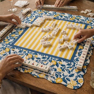 lemon mat, yellow stripes in the middle with blue vines and lemon branches, blue and yellow mahjong mat, blue mahj mat, mother's day gift, mahjong mom