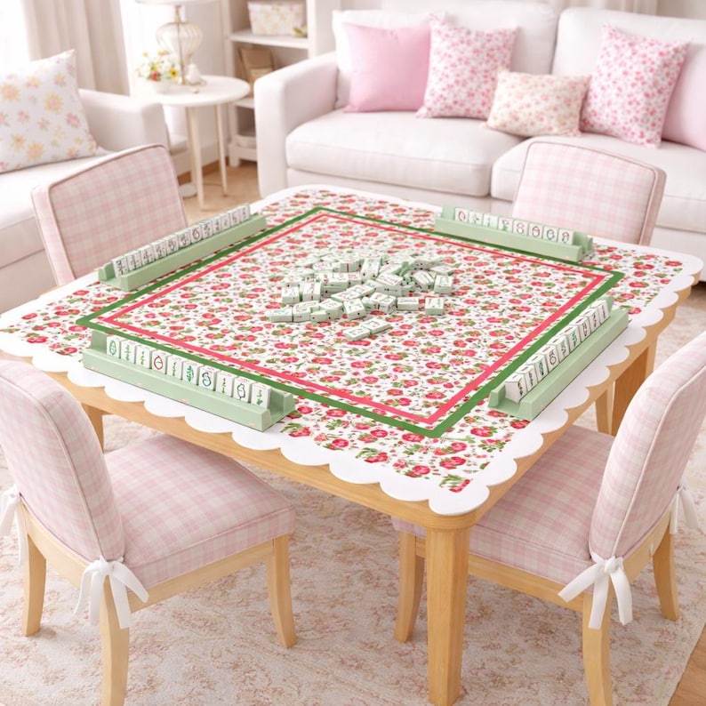 Strawberry Mahjong Game Mat, Mahjong Mat, Floral Border Mat, Mahjong Play Surface, Soft Polyester Mat, Non Slip Rubber, Quiet Tile Mat, 31 Inch Square Mat, Carry Pouch Included, Elegant Mahjong Mat
