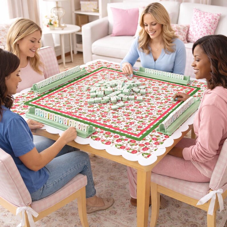 May include: Four people playing Mahjong around a wooden table. The table has a floral patterned cloth, and the game pieces are green. The players are seated in pink chairs. The table cloth has a scalloped edge.