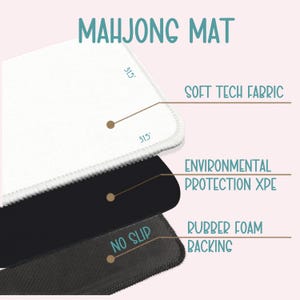 May include: A white Mahjong mat with a soft tech fabric surface, black environmental protection XPE layer, and a rubber foam backing with a no-slip design. The text "MAHJONG MAT" is at the top.