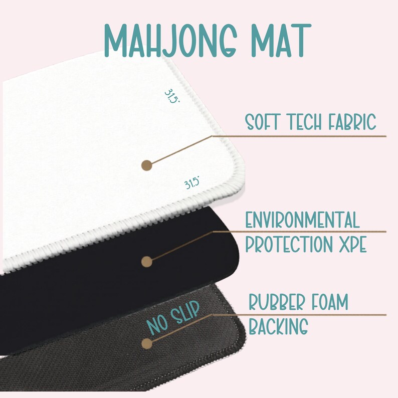 May include: A white Mahjong mat with a soft tech fabric surface, black environmental protection XPE layer, and a rubber foam backing with a no-slip design. The text "MAHJONG MAT" is at the top.