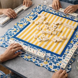 yellow and blue mahjong game mat, lemon border, yellow striped middle, Mahj game