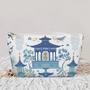 Blauwe Mahjong-opbergtas Blauw zakje voor chinoiserie Mahjong-tegel opbergtas Make-uptas Klein accessoiretasje Cadeaus voor haar Pagode Cosmetic Travel