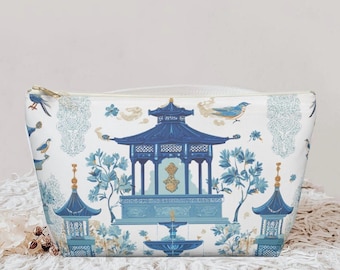 Blaue Mahjong Aufbewahrungstasche Blaue Chinoiserie-Beutel Mahjong-Fliesen-Aufbewahrungs-Make-up-Tasche Kleine Zubehörtasche Geschenke für ihre Pagode Kosmetikreise