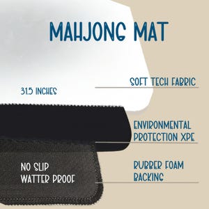May include: A Mahjong mat with the text "MAHJONG MAT". The mat is 31.5 inches in size and features "SOFT TECH FABRIC", "ENVIRONMENTAL PROTECTION XPE", and "NO SLIP WATTER PROOF" materials. It has a rubber foam backing.
