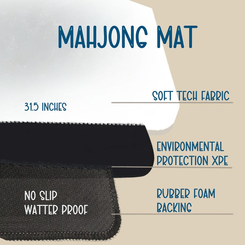 May include: A Mahjong mat with the text "MAHJONG MAT". The mat is 31.5 inches in size and features "SOFT TECH FABRIC", "ENVIRONMENTAL PROTECTION XPE", and "NO SLIP WATTER PROOF" materials. It has a rubber foam backing.