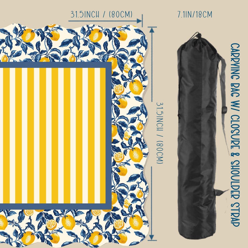 May include: A beach blanket with a yellow and white striped center, a blue border, and a white background with a lemon and leaf pattern. The blanket is 31.5 inches (80cm) square. A black carrying bag with a shoulder strap is included.