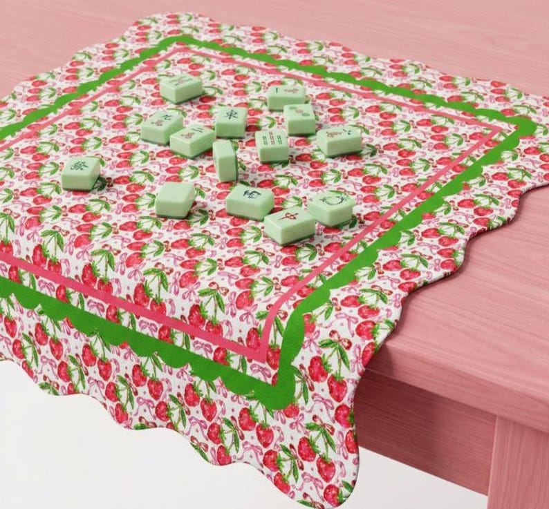 Strawberry Mahjong Game Mat, Mahjong Mat, Floral Border Mat, Mahjong Play Surface, Soft Polyester Mat, Non Slip Rubber, Quiet Tile Mat, 31 Inch Square Mat, Carry Pouch Included, Elegant Mahjong Mat