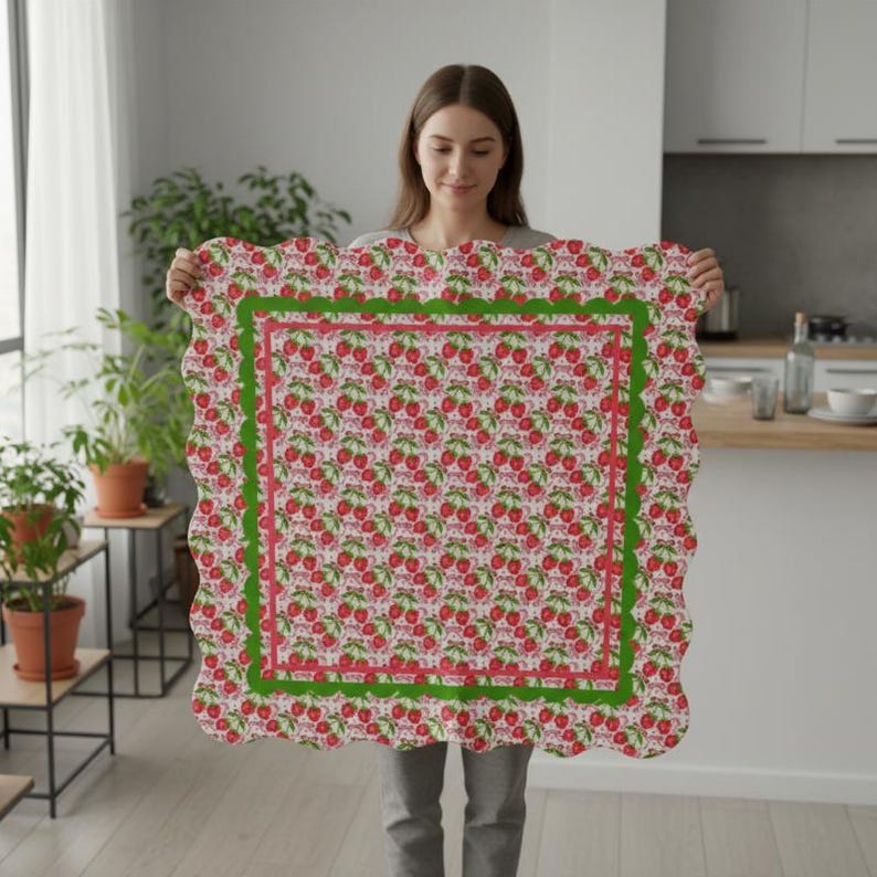 Strawberry Mahjong Game Mat, Mahjong Mat, Floral Border Mat, Mahjong Play Surface, Soft Polyester Mat, Non Slip Rubber, Quiet Tile Mat, 31 Inch Square Mat, Carry Pouch Included, Elegant Mahjong Mat