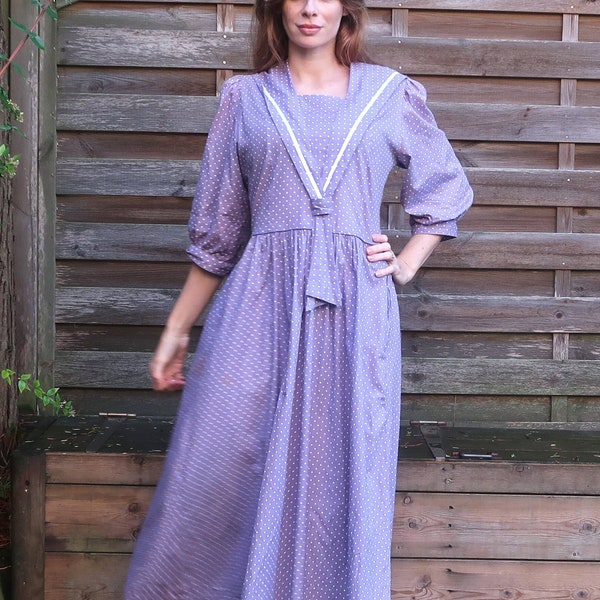 Robe Laura Ashley mauve à pois col marin vintage années 1980 | Taille Medium