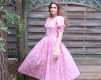 Vintage 1980s Laura Ashley Fuchsia Pink Princess Floral Dress | Size X-Small