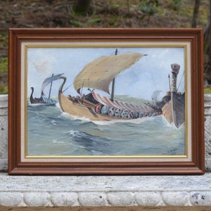 Painting of Viking drakkars signed Marcel Hué in 1946 Oil on wood wall decoration image 1