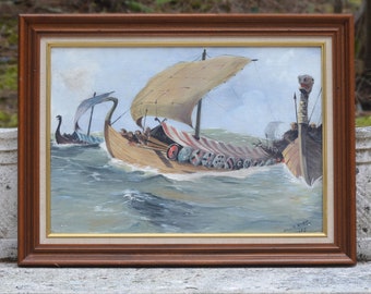 Painting of Viking drakkars signed Marcel Hué in 1946 Oil on wood wall decoration