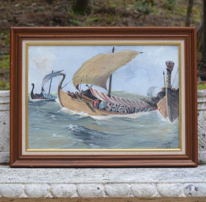 Painting of Viking drakkars signed Marcel Hué in 1946 Oil on wood wall decoration image 1