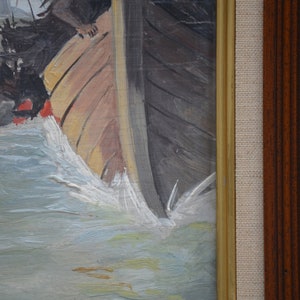 Painting of Viking drakkars signed Marcel Hué in 1946 Oil on wood wall decoration image 5