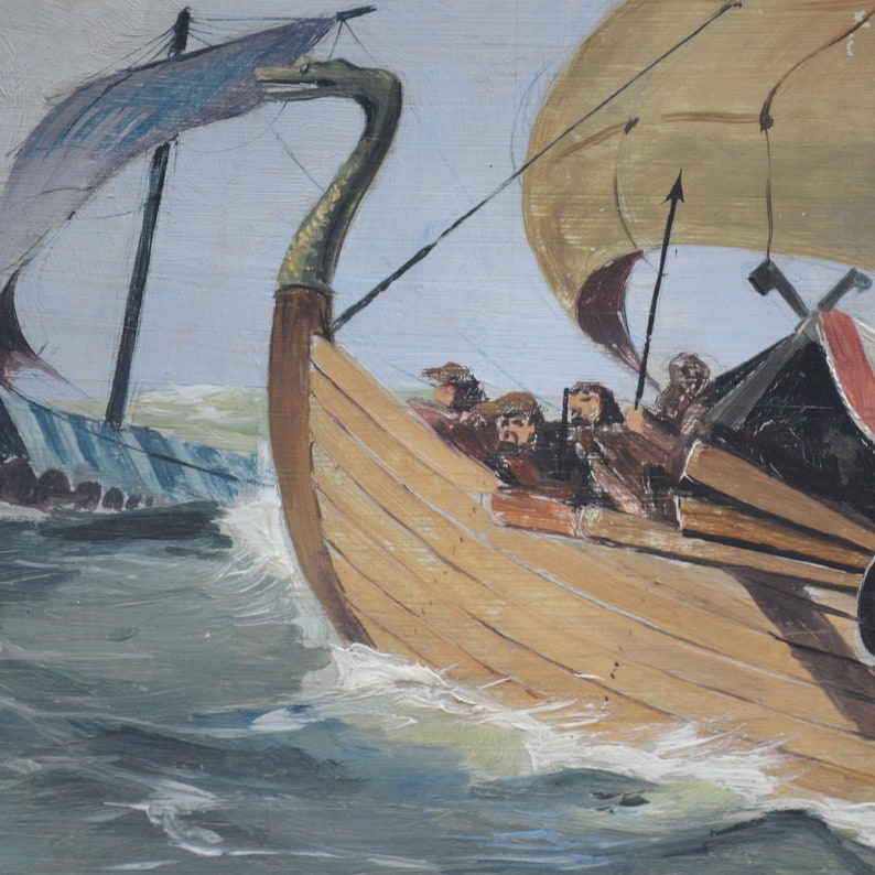 Painting of Viking drakkars signed Marcel Hué in 1946 Oil on wood wall decoration image 2