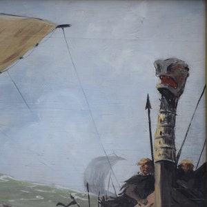 Painting of Viking drakkars signed Marcel Hué in 1946 Oil on wood wall decoration image 4