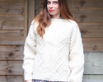 Vintage Irish hand-knitted sweater in pure merino wool, twisted white color off white | Size Small