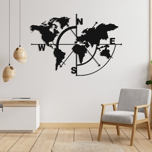 Art mural moderne en métal, carte du monde | Grandes oeuvres d'art en métal fabriquées à la main pour décoration d'intérieur contemporaine, finition noire mate