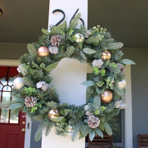 Handmade 24-inch Gold and Silver Ornament Wreath Elegant Front Door Decor with Pinecones & Eucalyptus Festive Handmade Christmas Wreath