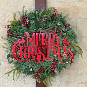 Rustic Christmas Wreath: Metal Sign, Pine Cones, Berries, Lights