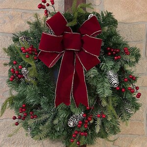 Red Velvet Christmas Wreath: 24" Pine Cones & Berries, Pre-Lit Oversized bow classic Burgundy