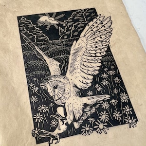 The Silent Hunter- Lino print- Barn Owl- nature art - art print