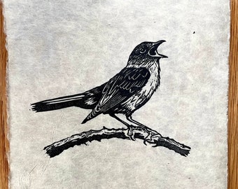 Nightingale - lino print art - bird art