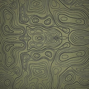 Puede incluir: Un patrón continuo con líneas de contorno negras sobre un fondo verde oliva apagado. El diseño se asemeja a un mapa topográfico, con formas orgánicas y grosores de línea variables, creando una sensación de profundidad y textura.