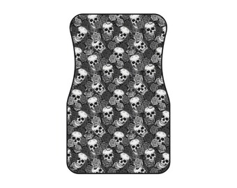 Gothic Skull Car Mats Set of 4, Human Skulls and Roses pattern in black and white Universal size