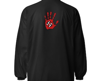 Large Embroidered Anti-Fascist Bloody Hand-print on back of unisex windbreaker