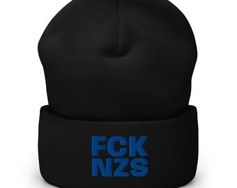 Embroidered FCK NZS in Blue on Cuffed Beanie