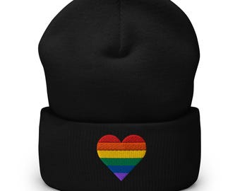 Embroidered Pride Heart Rainbow Cuffed Beanie