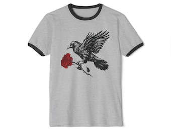 Vintage Ringer T-Shirt with Raven and Red Rose Design