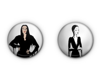 Morticia Addams 1" Buttons! x2 Charles Addams drawing & Anjelica Huston! Pin-backs, Magnets OR Lapel Pins