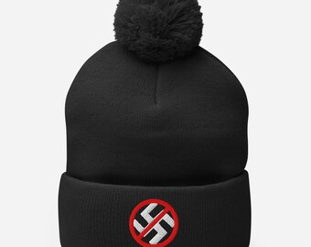 Embroidered No-Nazi Anti-Fascist Pom-Pom Beanie