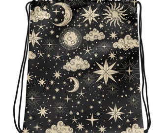 Witchy Moons, Stars and Clouds Print Drawstring bag
