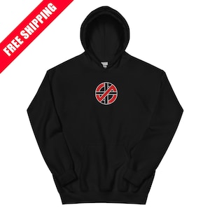 May include: Black hooded sweatshirt with a red and white circular logo on the chest. The logo features a stylized design with a red slash through a circle. The sweatshirt has a front pocket and a drawstring hood.