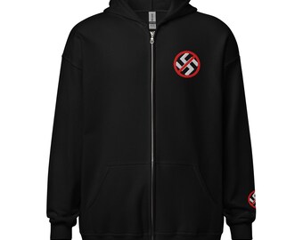 Unisex Zip Hoodie with Embroidered No-Nazi Symbols Front and Sleeve near Wrist