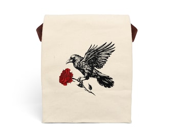 Stylish Canvas Lunch Bag with Raven and Rose Design, Unique Tote for Work or School, Eco-Friendly Lunchbox, Gift for Nature Lovers