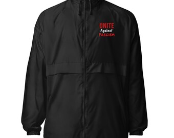 Embroidered Unite Against Fascism Unisex Windbreaker with Hood