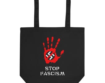Stop Fascism with No-Nazi symbol in Bloody Hand Print Eco Tote Bag