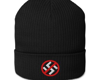 Embroidered Anti-Fascist No-Nazi symbol Organic ribbed beanie