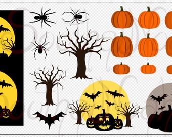 Halloween Vector Images Instant Download (16) .SVG Vector Pumpkins Bats Trees Spiders Creepy Image Downloads in .zip
