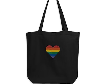 Embroidered Rainbow Heart Pride Eco Tote Bag - Black or Tan
